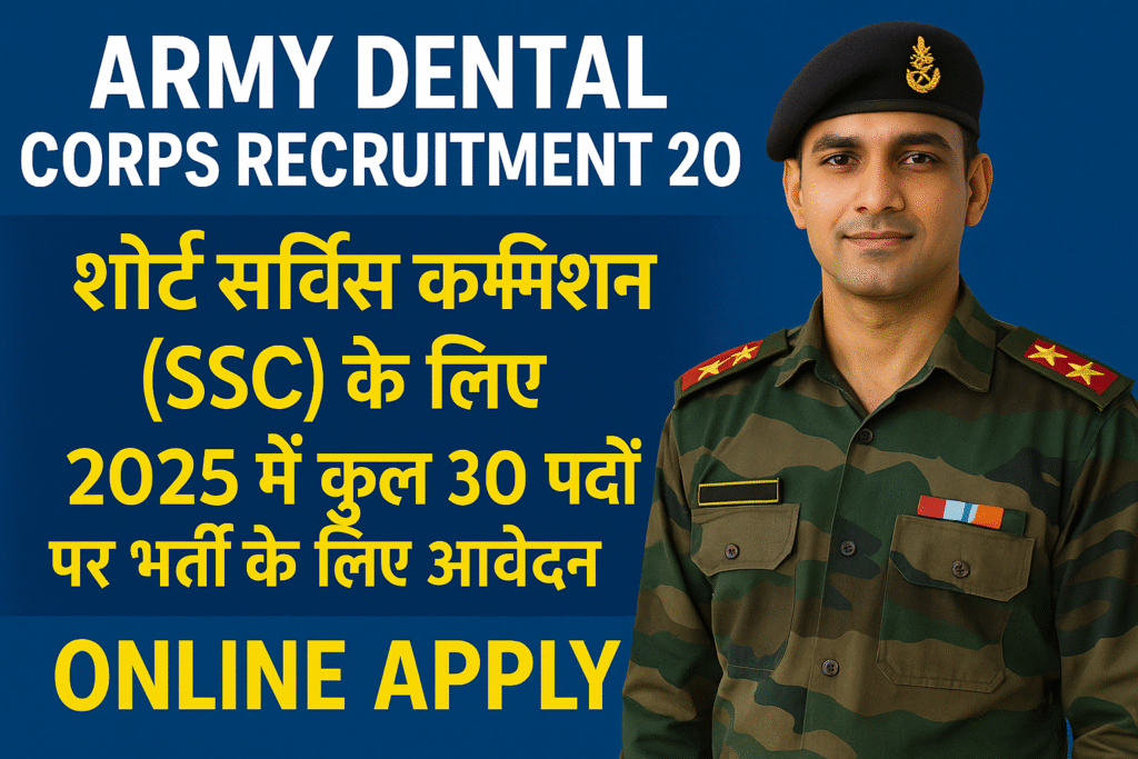 Army Dental Corps Recruitment 2025: शॉर्ट सर्विस कमीशन (SSC) के लिए 2025 में कुल 30 पदों पर भर्ती के लिए आवेदन, Online