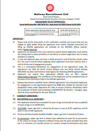 Railway RRC NCR Apprentice Recruitment 2025